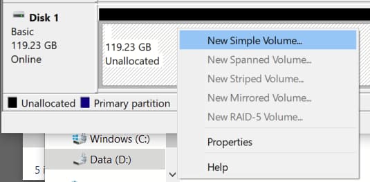 Disk Management new volume