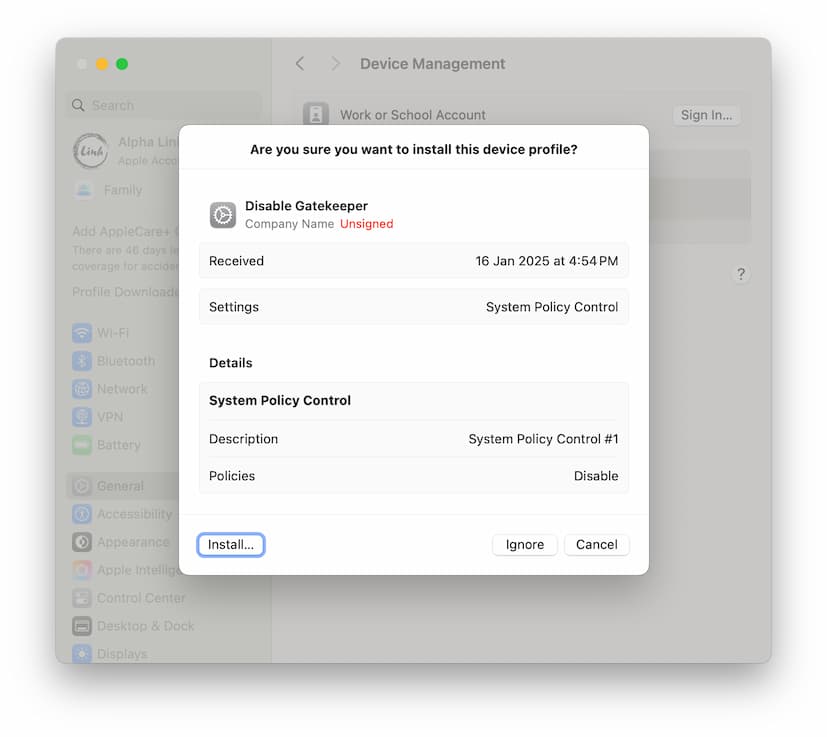 install profile Disable Gatekeeper