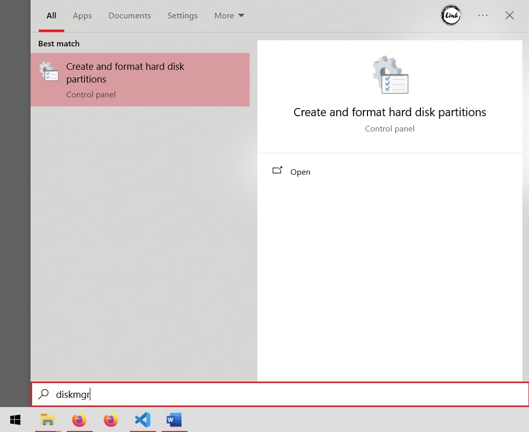Disk Management search in Start menu